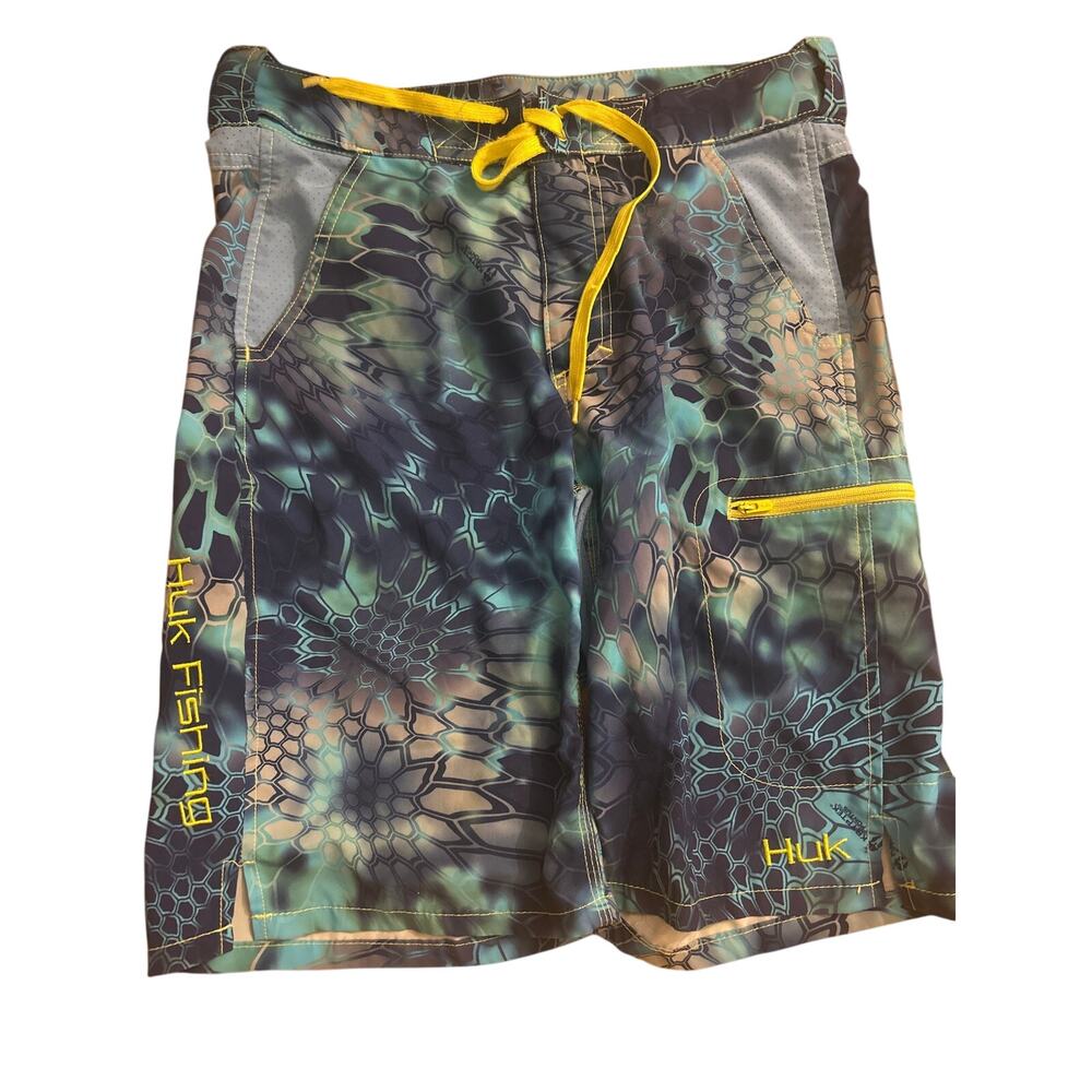 HUK Kryptek Pontus Blue Mens Small Fishing Board Shorts Swim Trunks Zip Pocket